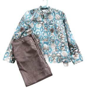 Alfred Dunner Sweater & Jacket Pants Outfit Turquoise Tan Ikat Women's Large 14